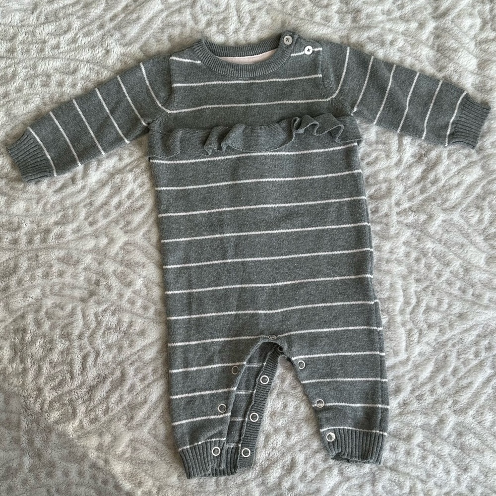 Cat & Jack Pink and Gray Bodysuit Stripes Ruffle Sweater Romper Baby 0-3 Months